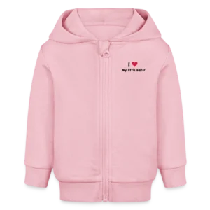 Roze hoodie met de tekst 'I ♥ my little sister' in zwarte en rode letters.