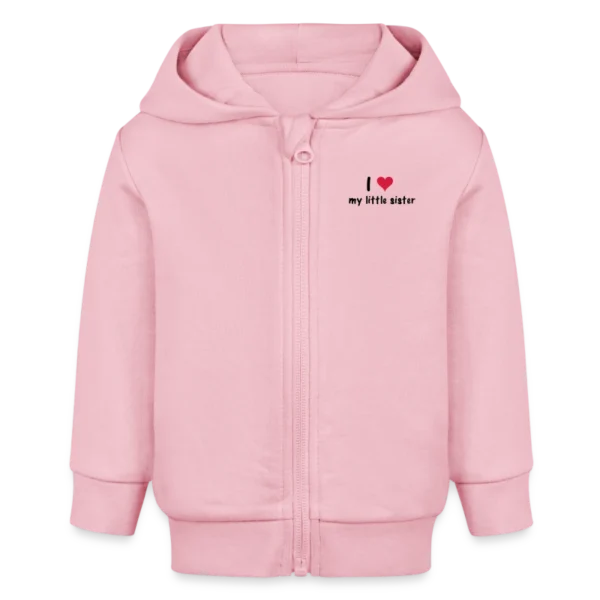 Roze hoodie met de tekst 'I ♥ my little sister' in zwarte en rode letters.