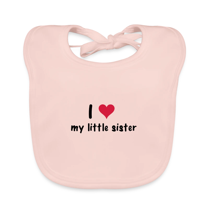Licht roze slabbetje met de tekst 'I ♥ my little sister' in zwarte en rode letters.