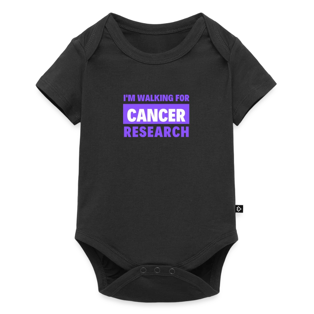 Zwart rompertje bedrukt met paarse 'I'm Walking for Cancer Research' tekst — voorbeeld rompertje met logo voor charity walks en goede doelen