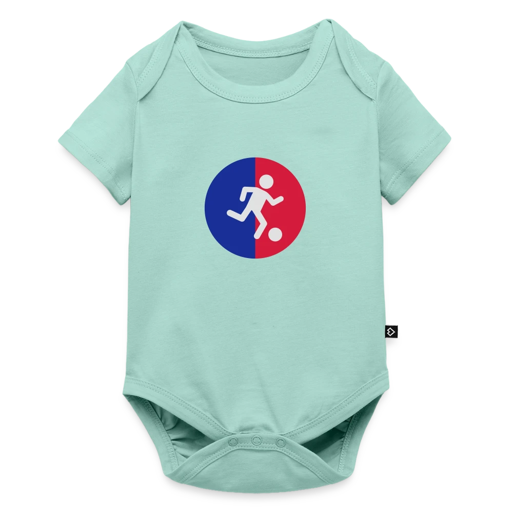 Muntgroen rompertje bedrukt met voetbalclub-logo — voorbeeld rompertje met logo voor sportverenigingen en jeugdteams